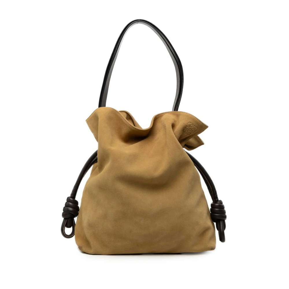 Loewe Anagram Flamenco Tote Bag Shoulder Drawstring Beige Brown Suede Women's...